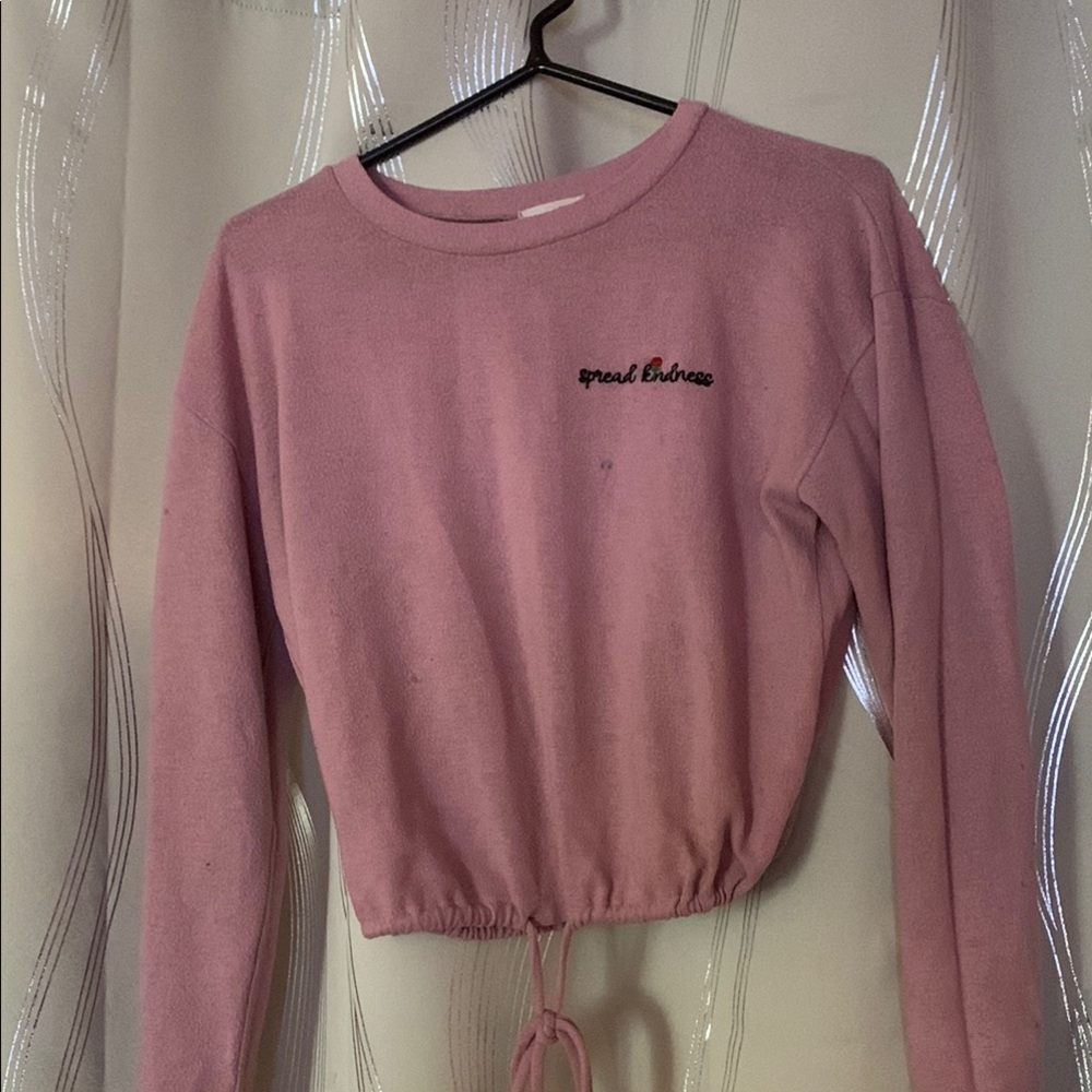 Pink Long Sleeve Crop Tie Front Sweatshirt